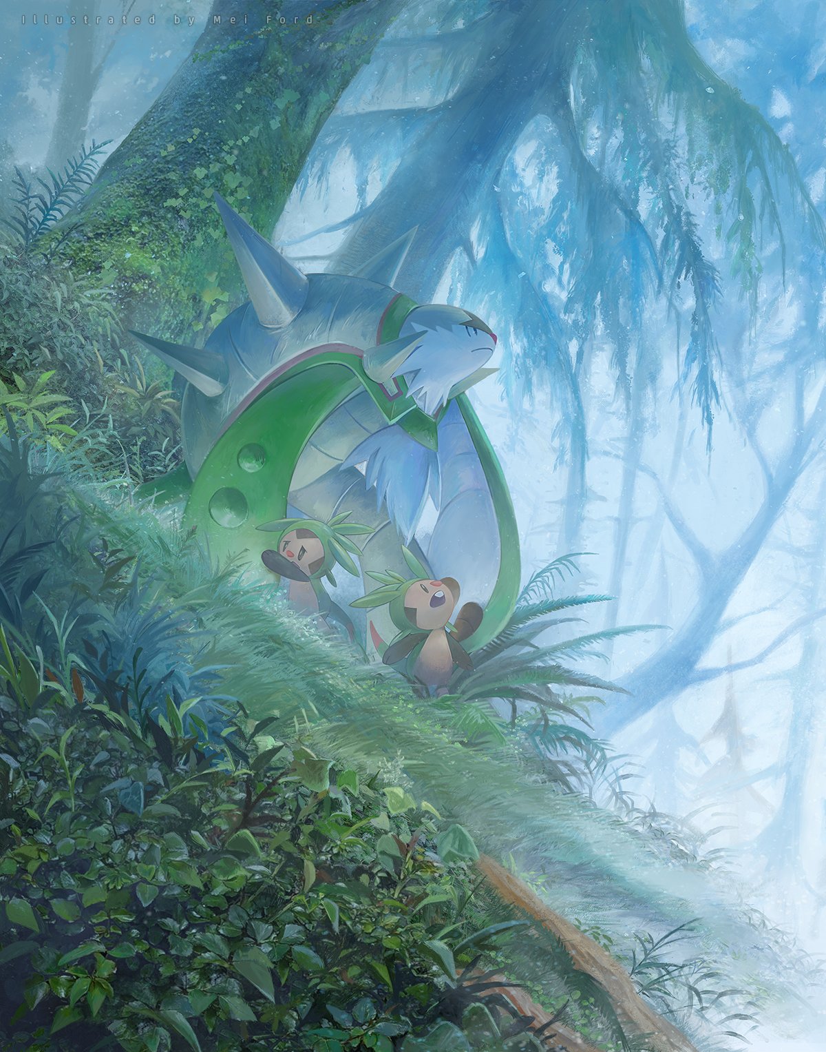 chesnaught chespin closed_mouth commentary_request fog from_side frown grass highres looking_up mei_ford moss no_humans open_mouth outdoors pokemon pokemon_(creature) spikes tree
