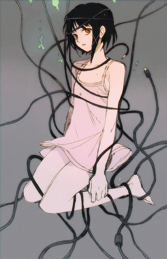 1girl alternate_hair_color asymmetrical_hair bad_id bad_source bangs bare_legs bare_shoulders black_hair brown_eyes cable camisole clothes_lift dress expressionless flat_chest floating hair_ornament iwakura_lain kneeling looking_at_viewer pale_skin parted_lips serial_experiments_lain short_hair sidelocks single_sidelock solo usb white_camisole white_dress wire x_hair_ornament xia