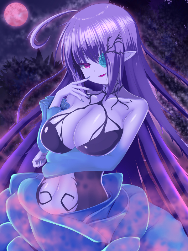 1girl ahoge alraune aura bare_shoulders breast_lift breasts colored_skin flower large_breasts monster_girl moon navel night night_sky original outdoors pink_eyes plant_girl pointy_ears purple_nails purple_skin red_moon rethnick sky smile solo upper_body