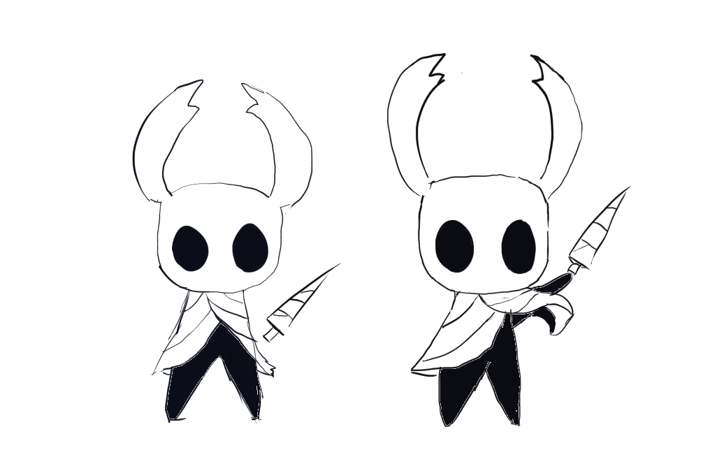 ambiguous_gender anthro arthropod black_body black_eyes black_sclera cape clothing hollow_knight horn insect melee_weapon monochrome mrluckey protagonist_(hollow_knight) solo sword team_cherry video_games weapon