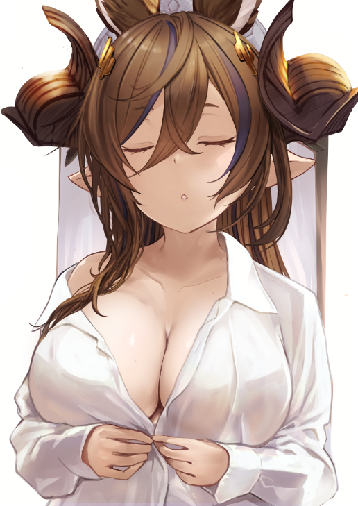 1girl animal_ears bangs breasts brown_hair cleavage closed_eyes collarbone collared_shirt dress_shirt extra_ears galleon_(granblue_fantasy) granblue_fantasy horns large_breasts long_hair long_sleeves multicolored_hair p_answer pointy_ears shirt solo streaked_hair swept_bangs white_shirt