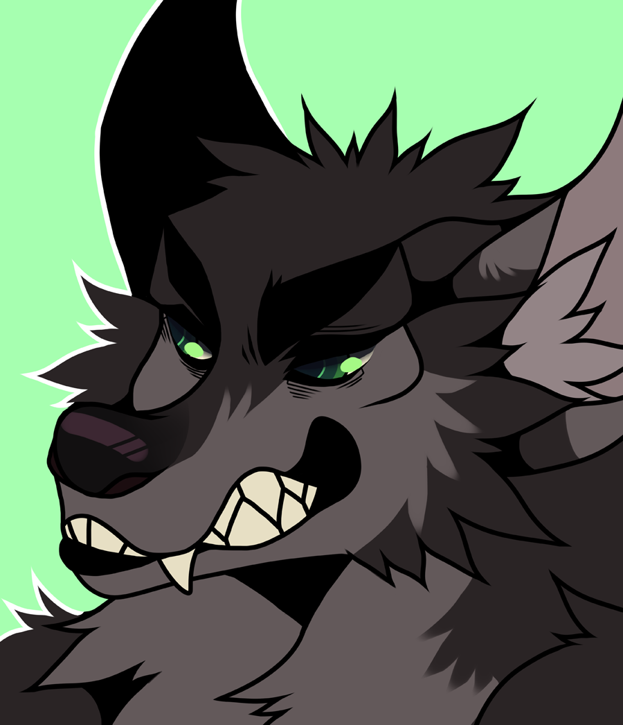 anthro black_body black_fur black_head_tuft black_nose bust_portrait canid cheek_tuft ears_up facial_tuft fangs front_view fur glistening glistening_eyes green_background green_eyes grey_body grey_fur grey_inner_ear grey_inner_ear_fluff inner_ear_fluff male mammal neck_tuft portrait princelykaden simple_background solo tuft