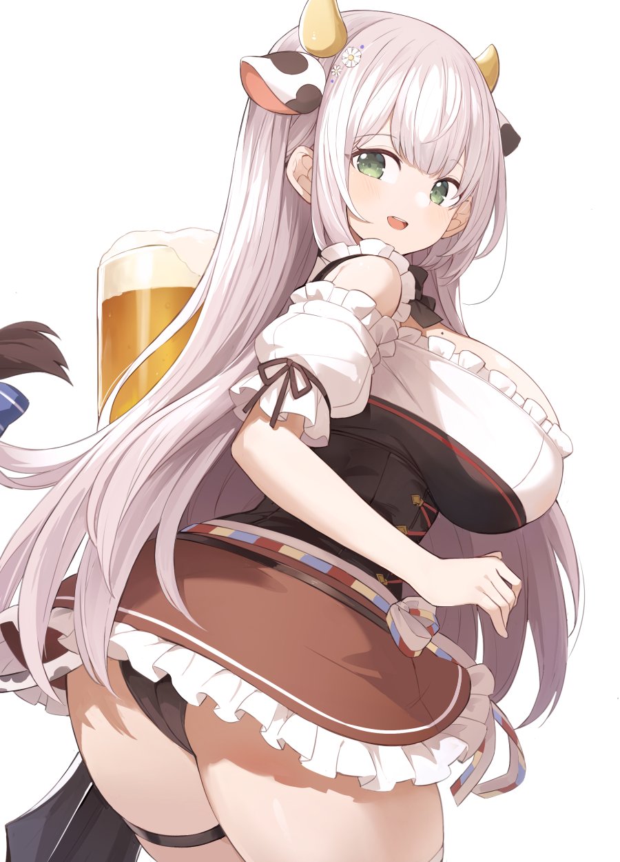 1girl alcohol animal_ears ass bangs beer beer_mug blush breasts cow_ears cow_horns cup dress eyebrows_visible_through_hair frilled_dress frills green_eyes grey_hair hair_between_eyes highres hololive horns huge_breasts large_breasts long_hair looking_at_viewer mole mole_on_breast mou_tama_maru mug open_mouth shirogane_noel smile solo thick_thighs thigh_strap thighs virtual_youtuber