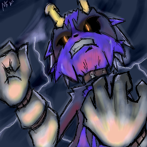 2006 angry anthro black_body black_fur black_sclera blue_body blue_fur clenched_teeth clothing collar demon dramatic_lighting fur gloves handwear horn lightning low_res male multicolored_body multicolored_fur orange_eyes solo teeth thefuckingdevil thefuckingdevil_(character)