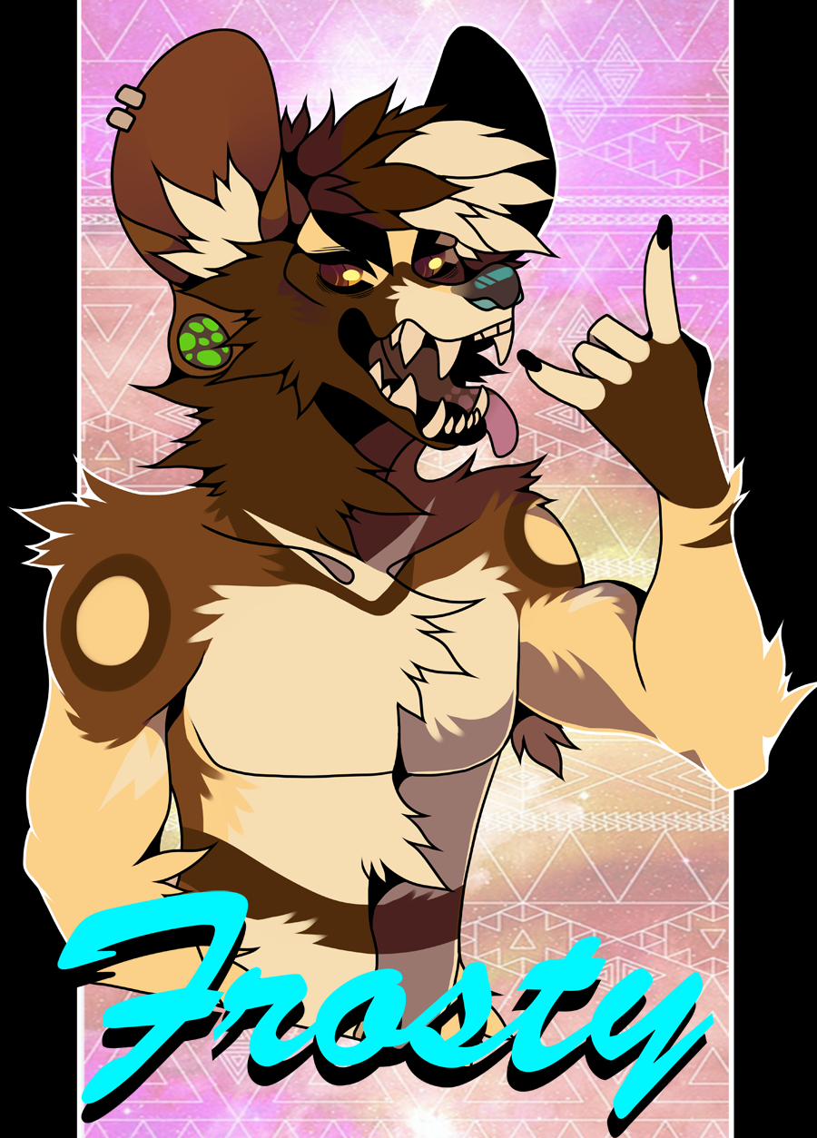 abstract_background african_wild_dog anthro arm_tuft brown_body brown_eyes brown_fur brown_hair brown_inner_ear canid canine cheek_tuft chest_tuft ear_piercing ear_ring facial_tuft fangs fur glistening glistening_eyes hair hi_res inner_ear_fluff male mammal multicolored_hair neck_tuft nude open_mouth piercing princelykaden shoulder_tuft solo tan_body tan_fur tan_hair tan_inner_ear_fluff tongue tongue_out tuft two_tone_hair