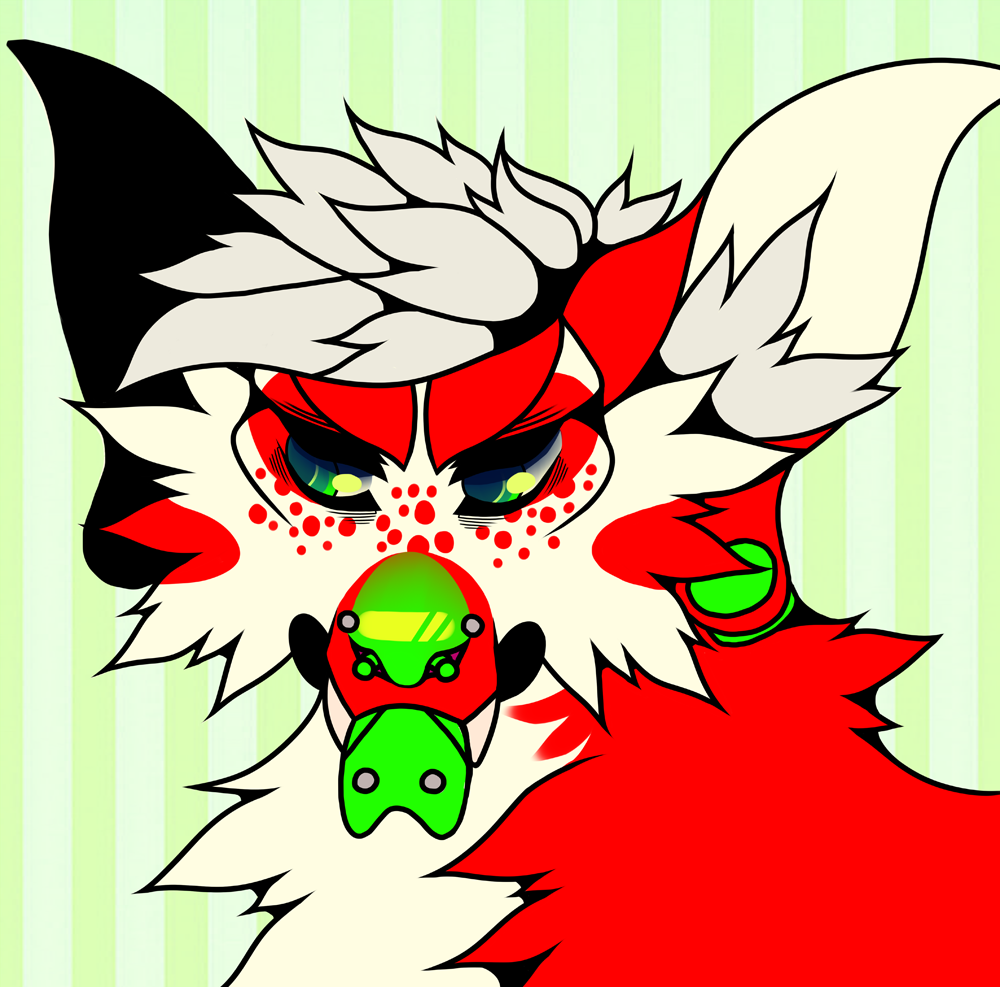 ambiguous_gender canid cheek_tuft chest_tuft ear_piercing facial_piercing facial_tuft fangs forked_tongue fur gauged_ear glistening glistening_eyes green_eyes hair inner_ear_fluff looking_aside mammal neck_tuft nose_piercing pattern_background piercing princelykaden red_body red_fur septum_piercing simple_background solo spotted_face striped_background tongue tongue_out tongue_piercing tuft white_body white_fur white_hair white_inner_ear white_inner_ear_fluff