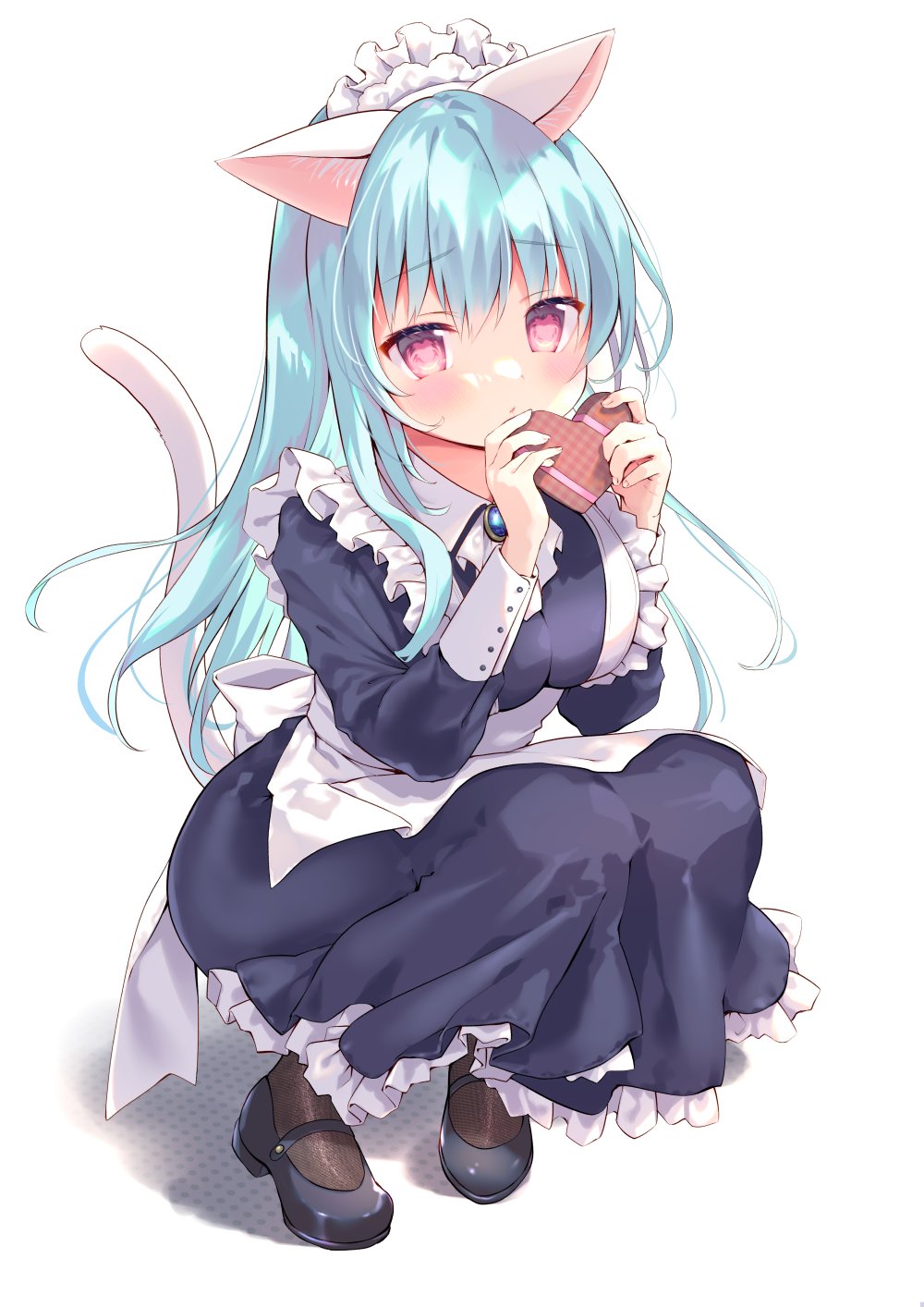 1girl amanagi_seiji animal_ear_fluff animal_ears apron black_footwear black_legwear blue_dress blue_hair blush breasts candy cat_ears cat_girl cat_tail chocolate dress food heart heart-shaped_chocolate highres large_breasts long_hair maid_day maid_headdress original pantyhose pink_eyes shoes simple_background solo squatting tail white_apron white_background