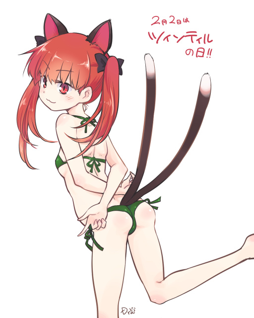 1girl :3 animal_ears arms_behind_back ass bangs bikini black_bow blunt_bangs blush bow cat_ears cat_girl cat_tail dra eyebrows_visible_through_hair green_bikini hair_bow kaenbyou_rin long_hair looking_at_viewer looking_back multiple_tails red_eyes red_hair side-tie_bikini simple_background solo swimsuit tail touhou twintails white_background