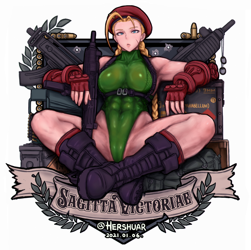1girl ammunition_box antenna_hair beret black_footwear blonde_hair blue_eyes boots braid breasts bullet cammy_white chest_harness combat_boots covered_abs covered_navel dated dog_tags elbow_pads english_commentary full_body green_leotard gun harness hat hershuar highleg highleg_leotard holding holding_gun holding_weapon imi_uzi indian_style large_breasts latin_text leotard long_hair looking_at_viewer muscular muscular_female red_headwear red_legwear scar scar_on_cheek scar_on_face single_elbow_pad sitting skorpion_vz._61 socks solo street_fighter street_fighter_v submachine_gun thighs translated twin_braids vambraces weapon
