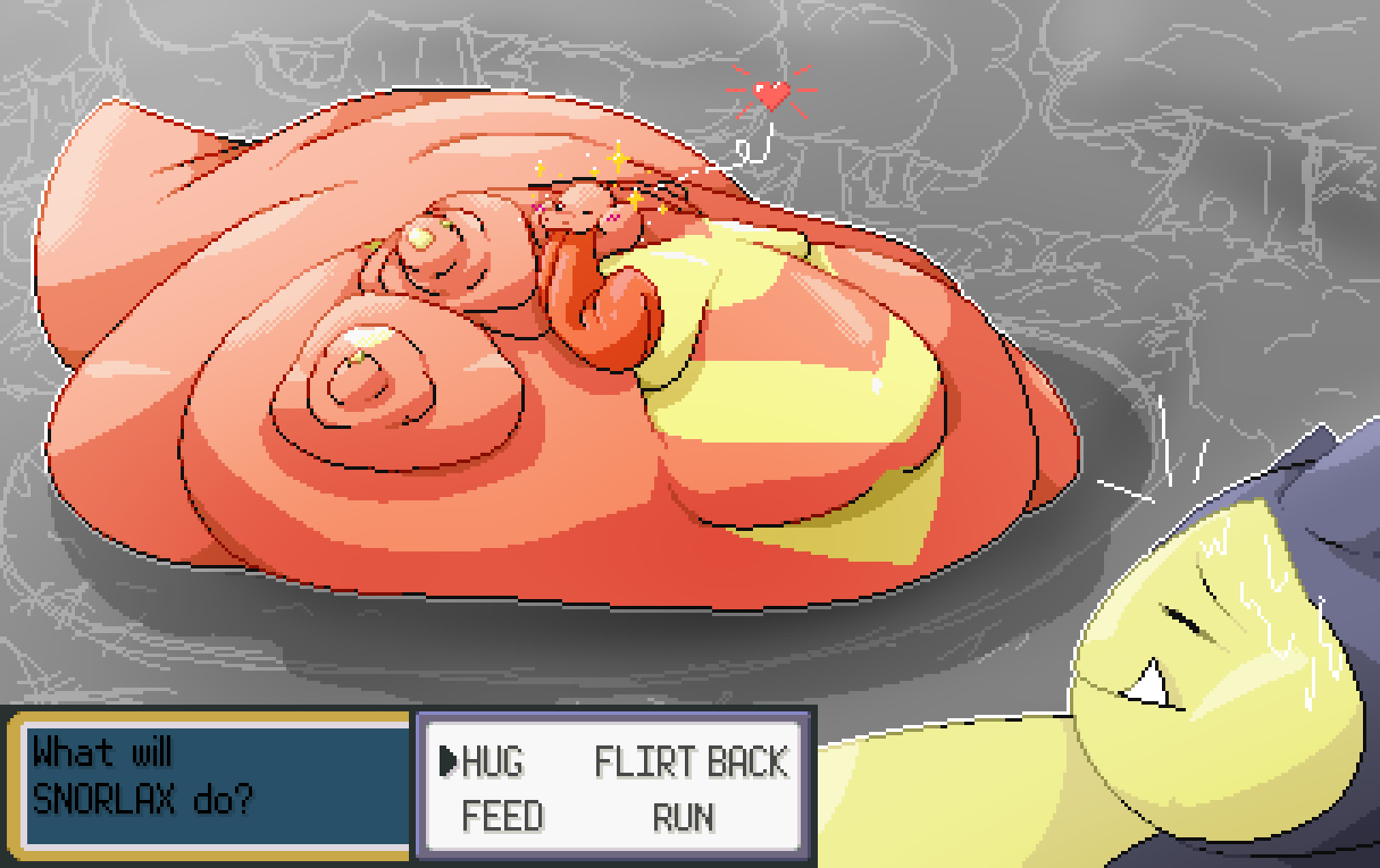 &lt;3 actualblueblu ambiguous_gender belly big_belly blue_body bodily_fluids digital_media_(artwork) duo edit english_text flabby_arms forest hi_res immobile large_tongue lickitung long_tongue markings moobs morbidly_obese navel nintendo obese overweight pink_body pixel_(artwork) plant pok&eacute;mon pok&eacute;mon_(species) shaded simple_background simple_shading sketch sketch_background snorlax superchub surprise sweat text thick_tail thick_thighs tongue tree video_games yellow_markings