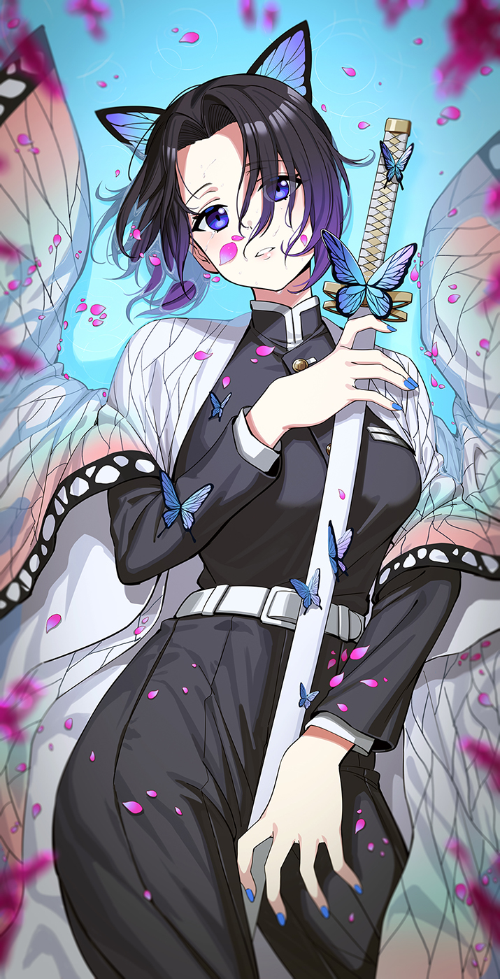 1girl \||/ afloat animal_print bangs belt belt_buckle black_pants blue_eyes blue_nails blush breasts buckle bug butterfly butterfly_hair_ornament butterfly_print buttons commentary_request demon_slayer_uniform eyelashes flower hair_ornament haori highres holding japanese_clothes katana kimetsu_no_yaiba kochou_shinobu large_breasts lips long_sleeves looking_at_viewer pants parted_bangs parted_lips partially_submerged patterned_clothing purple_hair sheath sheathed shiny shiny_hair short_hair sidelocks solo swept_bangs sword weapon white_belt wide_sleeves zhanzheng_zi