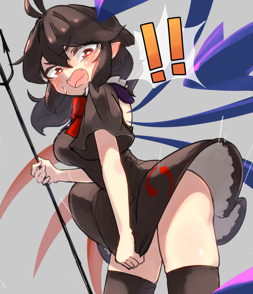 ! !! 1girl asymmetrical_wings black_dress black_hair black_legwear blue_wings blush bow bowtie breasts buttons cowboy_shot dress dress_tug fangs holding holding_polearm holding_weapon houjuu_nue looking_down open_mouth pointy_ears polearm red_bow red_bowtie red_eyes red_wings short_dress short_hair short_sleeves solo surprised thighhighs tomoe_(symbol) touhou trident uisu_(noguchipint) weapon wings