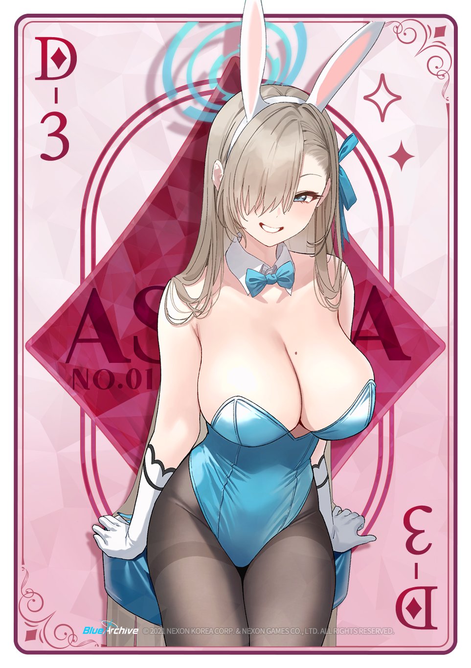 1girl :t animal_ears asuna_(blue_archive) asuna_(bunny)_(blue_archive) bangs black_legwear blue_archive blue_leotard blush bow bowtie breasts fake_animal_ears gloves grin hair_over_one_eye halo high_heels highres large_breasts leotard light_brown_hair logo long_hair mole mole_on_breast mx2j_(nsh6394) official_alternate_costume official_art pantyhose playboy_bunny pout rabbit_ears smile solo stool thighband_pantyhose traditional_bowtie very_long_hair white_gloves