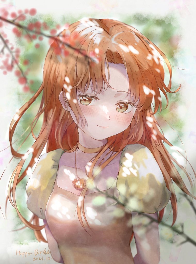1girl arms_behind_back blush branch breasts closed_mouth collarbone commentary_request dorara9002 dress eyebrows_visible_through_hair floating_hair flower green_background hime_cut jewelry long_hair looking_at_viewer mermaid_melody_pichi_pichi_pitch neck_ring necklace orange_dress orange_eyes orange_hair partial_commentary seira_(mermaid_melody_pichi_pichi_pitch) small_breasts smile solo wind