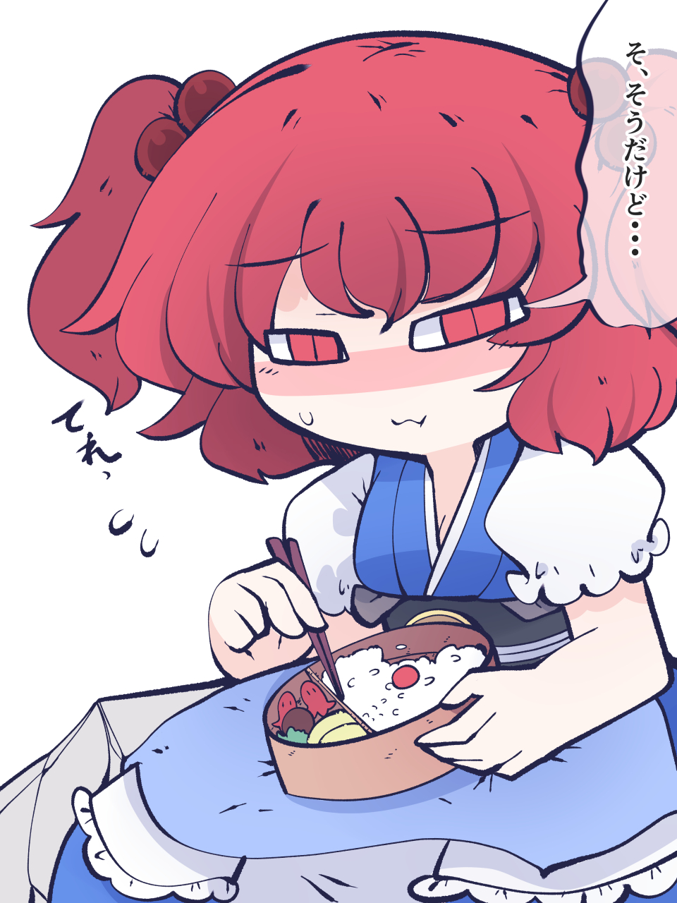 1girl bento black_sash blue_dress blush_stickers chopsticks closed_mouth coin coin_on_string dress eyebrows_visible_through_hair fried_rice0614 hair_bobbles hair_ornament highres holding holding_chopsticks one-hour_drawing_challenge onozuka_komachi puffy_short_sleeves puffy_sleeves red_eyes red_hair rice sash short_hair short_sleeves simple_background solo speech_bubble touhou translation_request twintails white_background