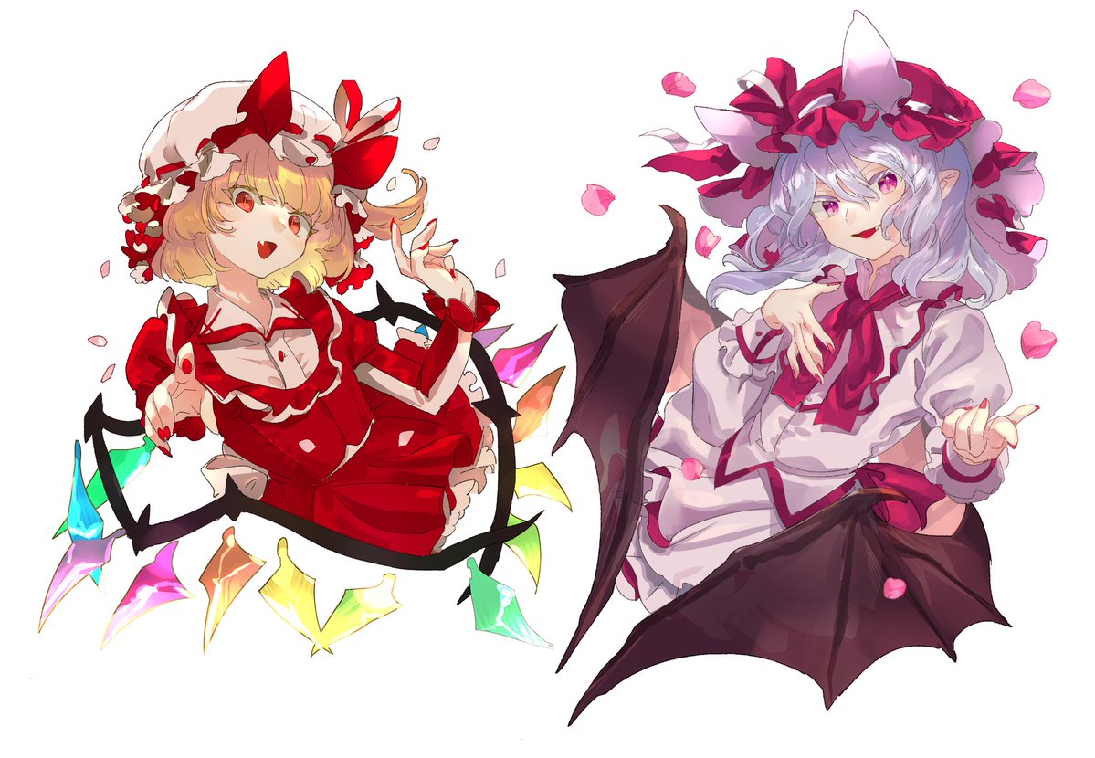 2girls alternate_costume bangs bat_wings blonde_hair blush chamaruku colored_eyelashes commentary_request dress fang flandre_scarlet hair_between_eyes hat hat_ribbon looking_at_viewer medium_hair mob_cap multiple_girls one_side_up open_mouth pointing pointing_at_viewer pointy_ears purple_eyes purple_hair red_dress red_eyes red_nails red_ribbon remilia_scarlet ribbon siblings simple_background sisters skin_fang touhou white_background wings