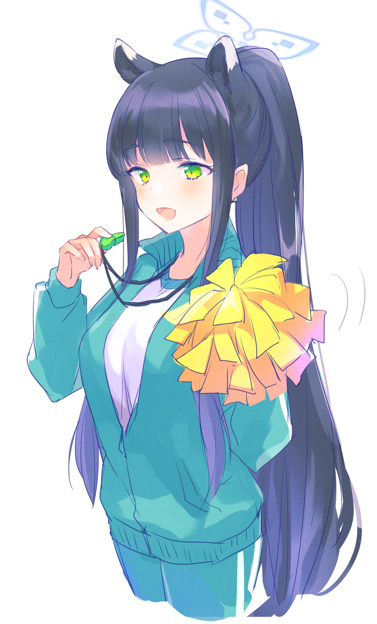 1girl alternate_costume animal_ears black_hair blue_archive cropped_legs eyebrows_visible_through_hair green_eyes green_jacket halo highres holding holding_pom_poms holding_whistle jacket kyuuri_(miyako) long_hair long_sleeves looking_at_viewer partially_unzipped pom_pom_(cheerleading) ponytail shirt shun_(blue_archive) simple_background solo sportswear track_jacket track_suit whistle whistle_around_neck white_background white_shirt