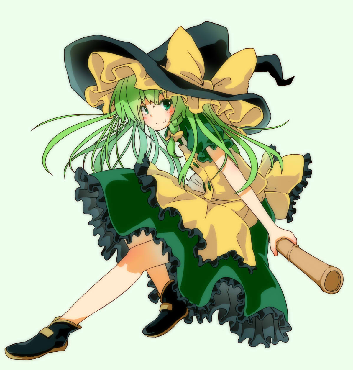 1girl back_bow bangs black_footwear black_headwear blouse blush bow braid broom closed_mouth color_switch commentary_request cosplay eyebrows_visible_through_hair frilled_skirt frills full_body green_background green_eyes green_hair green_skirt hair_bow hat hat_bow highres kirisame_marisa kirisame_marisa_(cosplay) komeiji_koishi looking_at_viewer medium_hair puffy_short_sleeves puffy_sleeves shirt shoes short_sleeves simple_background single_braid skirt smile solo syokora705 touhou v-shaped_eyebrows witch_hat yellow_bow yellow_shirt