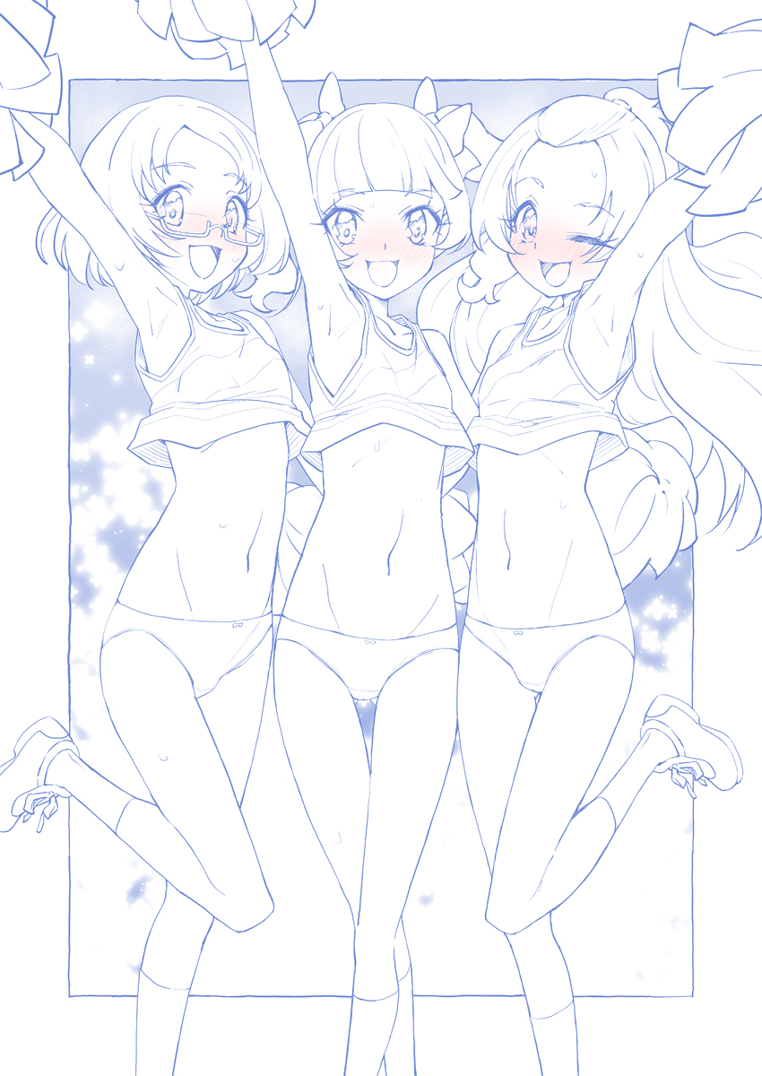 3girls :d ;d aisaki_emiru arm_up armpits ass_visible_through_thighs bangs blue_theme blunt_bangs blush bob_cut bow bow_panties cheerleader commentary crop_top crotch_seam dokidoki!_precure glasses groin hair_bow hair_pulled_back half_updo highres holding holding_pom_poms hugtto!_precure leg_up long_hair looking_at_viewer madoka_aguri midriff miyagoe_yoshitsuki monochrome multiple_girls navel no_pants one_eye_closed outside_border panties pom_pom_(cheerleading) precure semi-rimless_eyewear series_connection shirabe_ako shirt shoes sleeveless sleeveless_shirt smile sneakers socks spot_color standing standing_on_one_leg suite_precure sweat swept_bangs thigh_gap trait_connection twintails under-rim_eyewear underwear