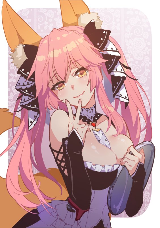 1girl animal_ear_fluff animal_ears azur_lane between_breasts breasts cleavage clothing_cutout commentary cosplay cowboy_shot demmy dress eyebrows_visible_through_hair fate/extra fate/grand_order fate_(series) formidable_(azur_lane) formidable_(azur_lane)_(cosplay) fox_ears fox_girl fox_tail gothic_lolita hair_ribbon hair_tie hand_on_own_chin holding holding_tray lolita_fashion looking_at_viewer pink_hair ribbon shoulder_cutout smile solo tail tamamo_(fate) tamamo_no_mae_(fate/extra) tray twintails v