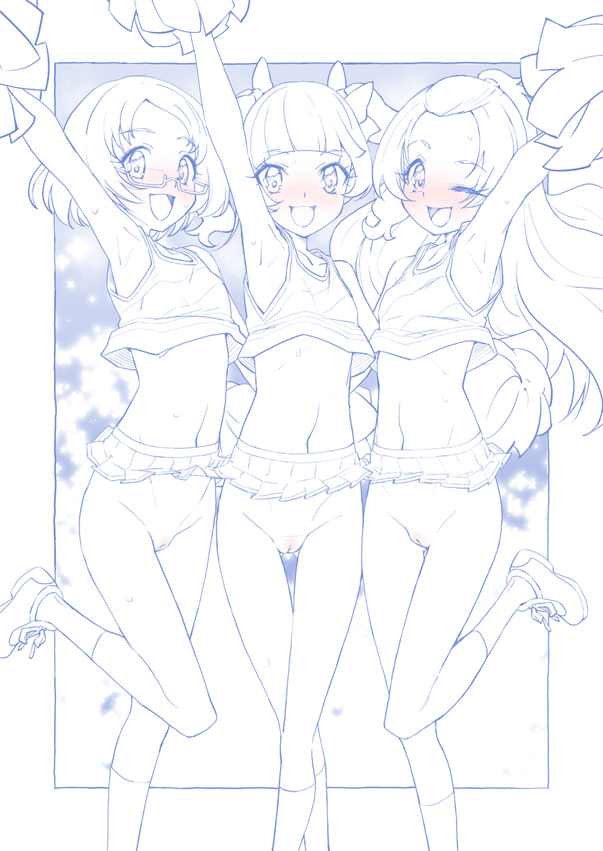 3girls :d ;d aisaki_emiru arm_up armpits ass_visible_through_thighs bangs blue_theme blunt_bangs blush bob_cut bow cheerleader cleft_of_venus commentary crop_top dokidoki!_precure glasses groin hair_bow hair_pulled_back half_updo highres holding holding_pom_poms hugtto!_precure leg_up long_hair looking_at_viewer madoka_aguri microskirt midriff miyagoe_yoshitsuki monochrome multiple_girls navel no_panties one_eye_closed outside_border pleated_skirt pom_pom_(cheerleading) precure pussy semi-rimless_eyewear series_connection shirabe_ako shirt shoes skirt sleeveless sleeveless_shirt smile sneakers socks spot_color standing standing_on_one_leg suite_precure sweat swept_bangs thigh_gap trait_connection twintails under-rim_eyewear