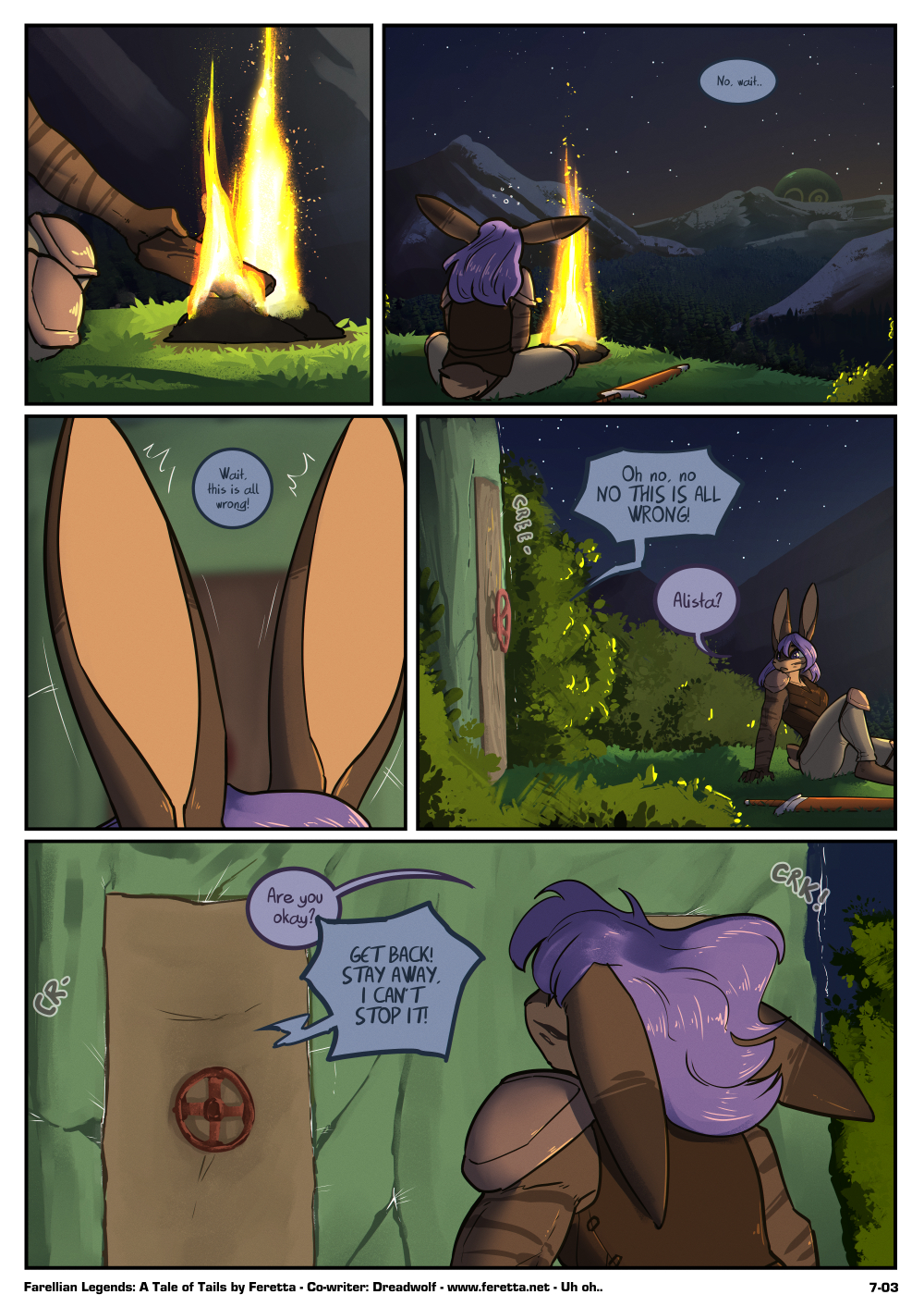 armor brown_body brown_fur bunker campfire comic english_text female feretta fire forest fur galetria_joice grass hair hi_res lagomorph landscape leather leather_armor leporid mammal melee_weapon night pauldron plant purple_eyes purple_hair rabbit scenery stripes sword tale_of_tails tan_body tan_fur text tree url weapon webcomic