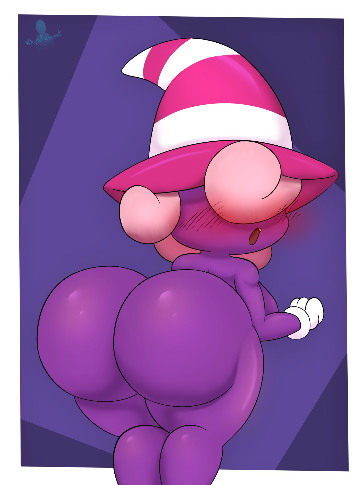 2022 3:4 anthro bent_over big_butt blush blush_lines breasts butt clothing digital_media_(artwork) female fingers ghost gloves hair hair_over_eye handwear hat hat_only headgear headgear_only headwear headwear_only hi_res huge_butt looking_at_viewer looking_back mario_bros mostly_nude nintendo not_furry one_eye_obstructed open_mouth paper_mario pink_hair portrait presenting presenting_hindquarters purple_body rear_view shaded shadow_siren side_boob signature simple_background solo spirit surprise surprised_expression thick_thighs three-quarter_portrait video_games vivian_(mario) white_clothing white_gloves white_handwear whynotwynaut wide_hips witch_hat