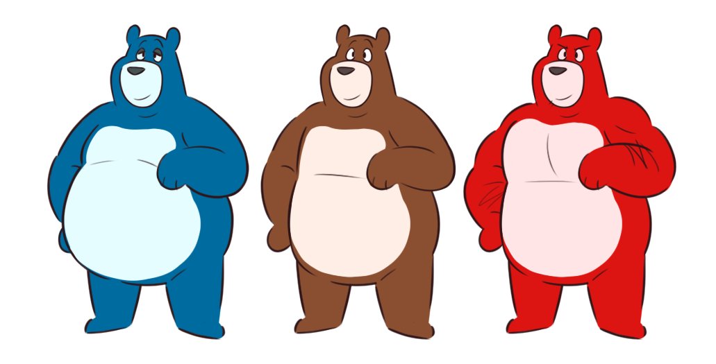 2022 anthro belly big_belly blue_body brown_body charmin group leonthelionel male mammal moobs overweight overweight_male red_body simple_background ursid white_background white_body