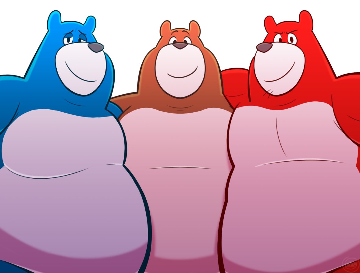 2022 anthro belly big_belly blue_body brown_body charmin group leonthelionel male mammal moobs overweight overweight_male red_body simple_background ursid white_background white_body