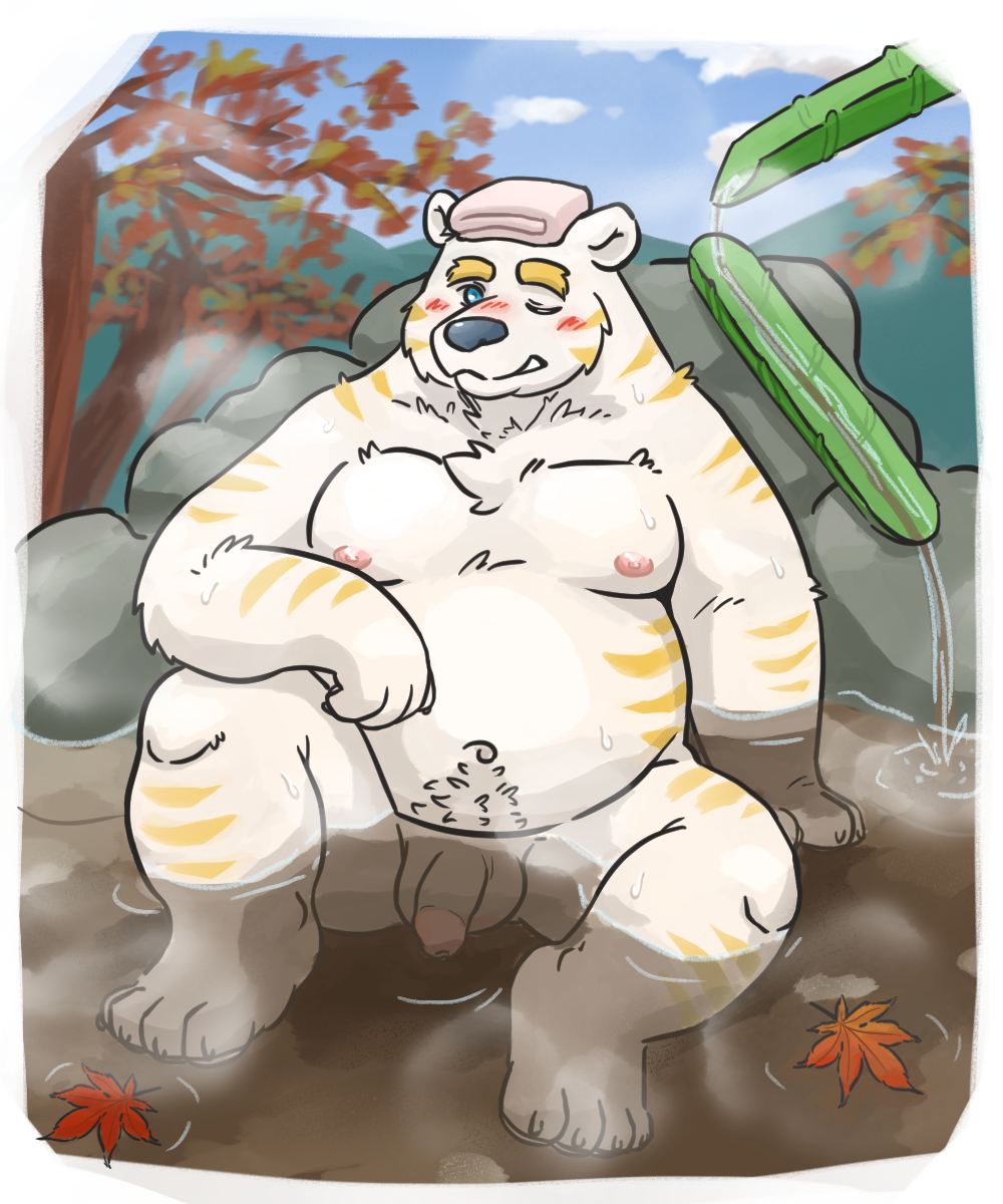 2022 5:6 anthro balls bathing belly big_belly blush detailed_background flaccid genitals hi_res hokolee32 humanoid_genitalia humanoid_hands humanoid_penis kemono male mammal moobs navel nipples one_eye_closed outside overweight overweight_male penis plant sitting solo towel towel_on_head tree ursid water white_body wink