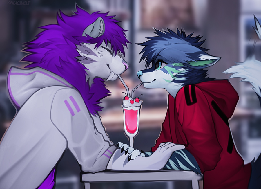 2022 angiewolf anthro blurred_background cafe cherry clothing dairy_products drinking duo eyes_closed food fruit fur hoodie inside male mammal milkshake multicolored_body multicolored_fur plant red_clothing red_hoodie red_topwear smile straw topwear whipped_cream