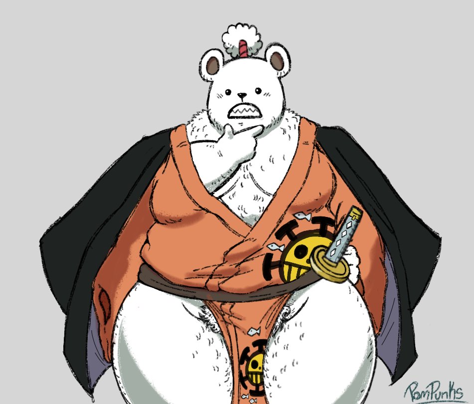 2022 anthro asian_clothing bepo black_eyes black_nose clothing dot_eyes east_asian_clothing japanese_clothing male mammal minkmen_(one_piece) moobs one_piece overweight overweight_male polar_bear pompunks simple_background solo ursid ursine weapon