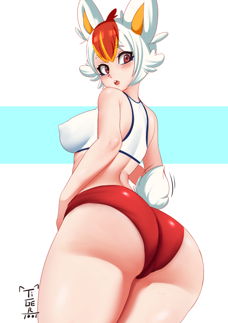 2021 alternate_species blush breasts butt cinderace clothed clothing female hair hi_res humanoid humanoidized looking_back multicolored_hair nintendo nipple_outline open_mouth pok&eacute;mon pok&eacute;mon_(species) pok&eacute;mon_humanoid pok&eacute;morph red_clothing red_eyes scut_tail short_hair short_tail solo thick_thighs tiger1001 topwear two_tone_hair video_games white_clothing white_topwear