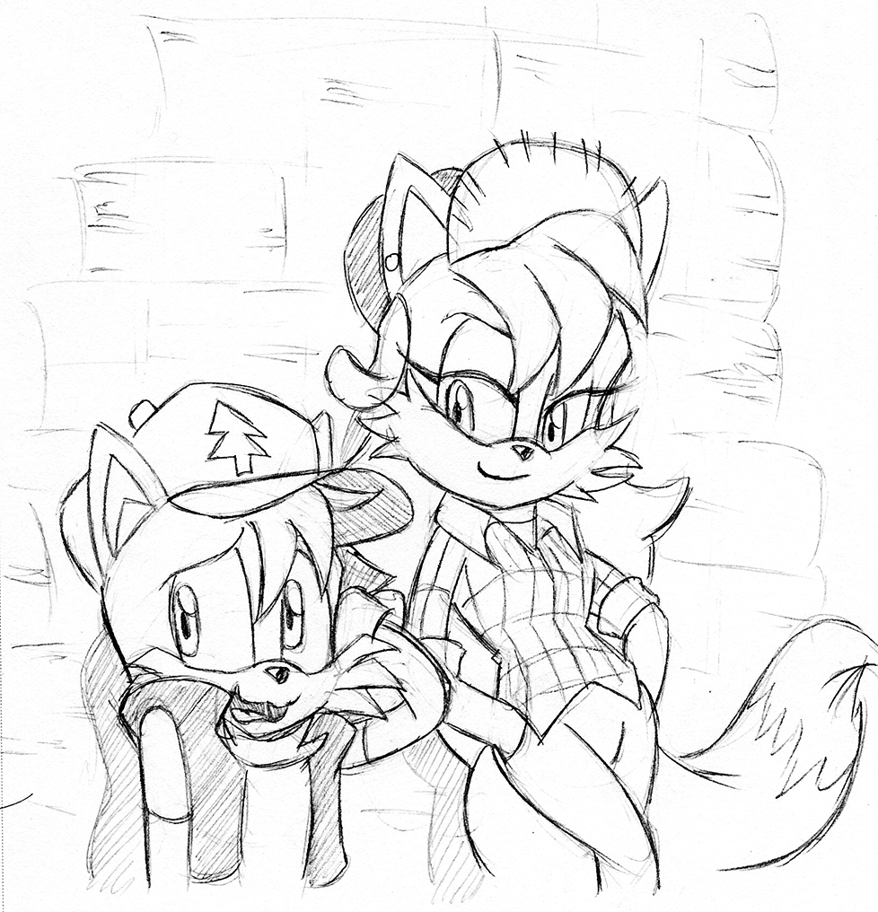 anthro archie_comics black_nose canid canine chauvels clothed clothing duo ear_piercing eyelashes female fiona_fox fox hand_in_pocket hat head_tuft headgear headwear larger_female male mammal miles_prower monochrome narrowed_eyes open_mouth piercing pockets sega size_difference sketch sonic_the_hedgehog_(archie) sonic_the_hedgehog_(comics) sonic_the_hedgehog_(series) tuft