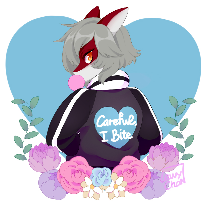 &lt;3 1:1 anthro blowing_bubble bubble_gum canid canine canis clothing english_text fish flower heart_clothing hybrid lawychan mammal marine plant shark shizuko_izumi solo text tigershark trans_(lore) trans_woman_(lore) wolf ych_result