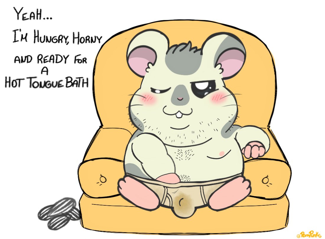 2021 anthro belly blush bulge clothing cricetid english_text furniture grey_body hamster hamtaro_(series) male mammal moobs nipples one_eye_closed overweight overweight_male oxnard pompunks rodent sitting sofa solo text underwear