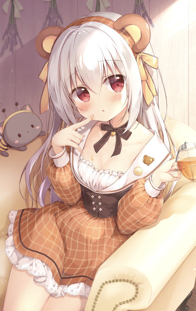 1girl :o animal animal_ears armchair bangs bear_ears bee_costume black_bow blush bow breasts brown_dress brown_hairband cat chair cleavage collarbone commentary dress eyebrows_visible_through_hair fake_animal_ears hair_between_eyes hairband hand_up hands_up highres honey inae_koron koi_ni_kanmi_o_soete latte-chan long_hair long_sleeves miyasaka_naco on_chair parted_lips puffy_long_sleeves puffy_sleeves red_eyes small_breasts symbol-only_commentary very_long_hair white_hair yellow_bow
