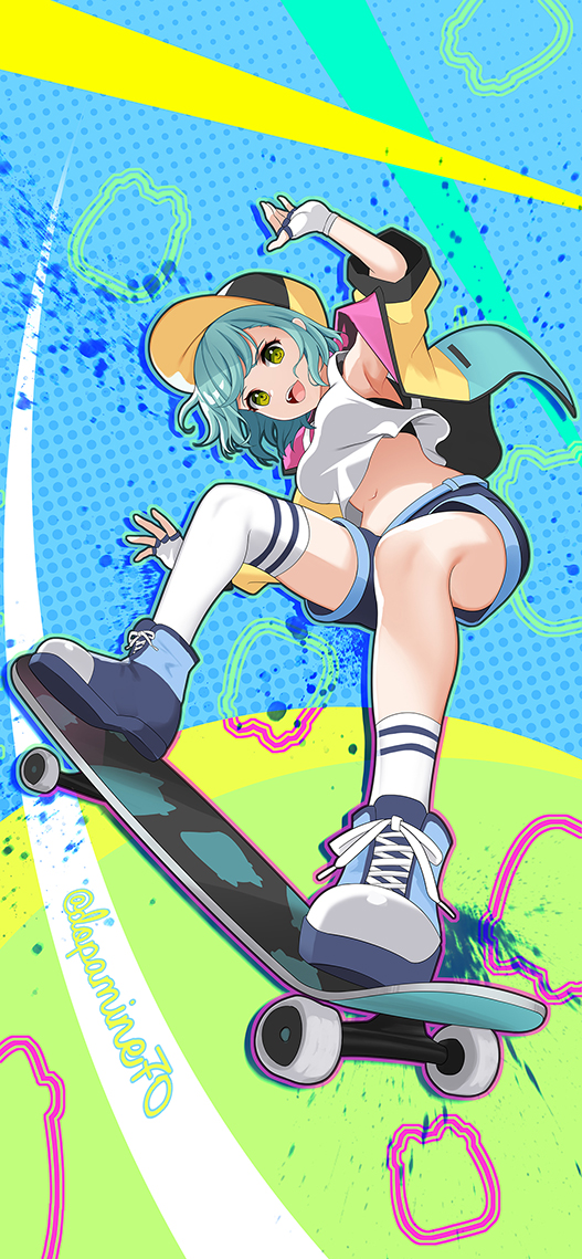 1girl :d aqua_hair armpits asymmetrical_legwear bang_dream! bangs bare_shoulders black_tube_top blue_footwear blue_shorts breasts commentary dopamine70 eyebrows_visible_through_hair fingerless_gloves full_body gloves green_eyes hat hikawa_hina jacket kneehighs looking_at_viewer medium_breasts midriff multicolored_background multicolored_clothes multicolored_jacket navel off_shoulder open_clothes open_jacket open_mouth shirt shoes short_hair short_shorts short_sleeves shorts sidelocks single_kneehigh single_thighhigh skateboard skateboarding sleeveless sleeveless_shirt smile sneakers solo strapless teeth thighhighs tube_top twitter_username upper_teeth white_gloves white_legwear white_shirt