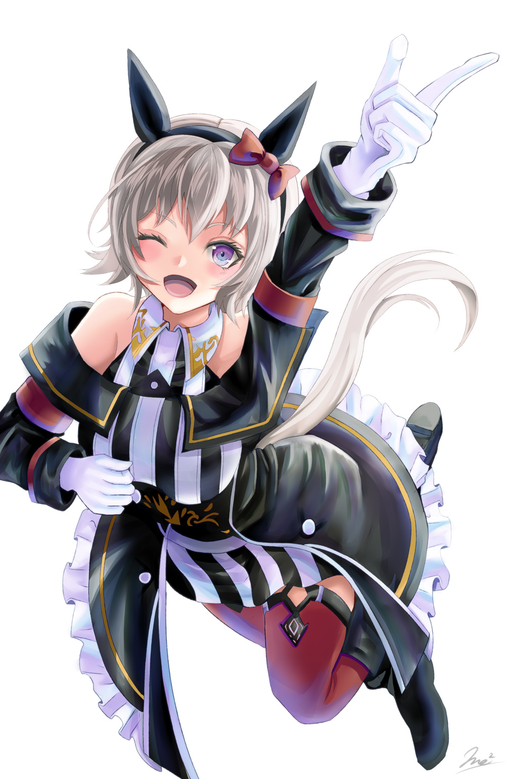 1girl ;d animal_ears arm_up bangs bare_shoulders black_footwear black_jacket boots bow breasts commentary curren_chan_(umamusume) dress ear_bow eyebrows_visible_through_hair frilled_jacket frills full_body gloves grey_hair highres horse_ears horse_girl horse_tail jacket knee_boots long_sleeves looking_at_viewer medium_breasts off-shoulder_jacket off_shoulder one_eye_closed purple_eyes red_bow red_legwear signature simple_background sleeveless sleeveless_dress smile solo striped striped_dress tail thighhighs thighhighs_under_boots umamusume vertical-striped_dress vertical_stripes white_background white_gloves yumibakama_meme