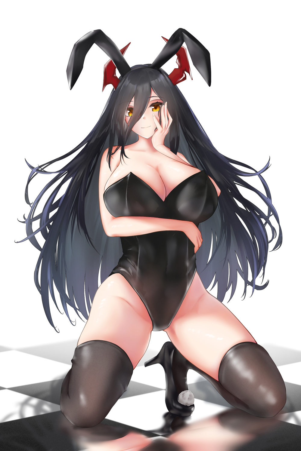 1girl arm_under_breasts azur_lane bangs bare_shoulders breasts checkered_floor cleavage collarbone eyebrows_visible_through_hair friedrich_der_grosse_(azur_lane) hair_between_eyes hand_on_own_face highres horns large_breasts long_hair looking_at_viewer mechanical_horns playboy_bunny smile solo thighhighs turboflower white_background yellow_eyes