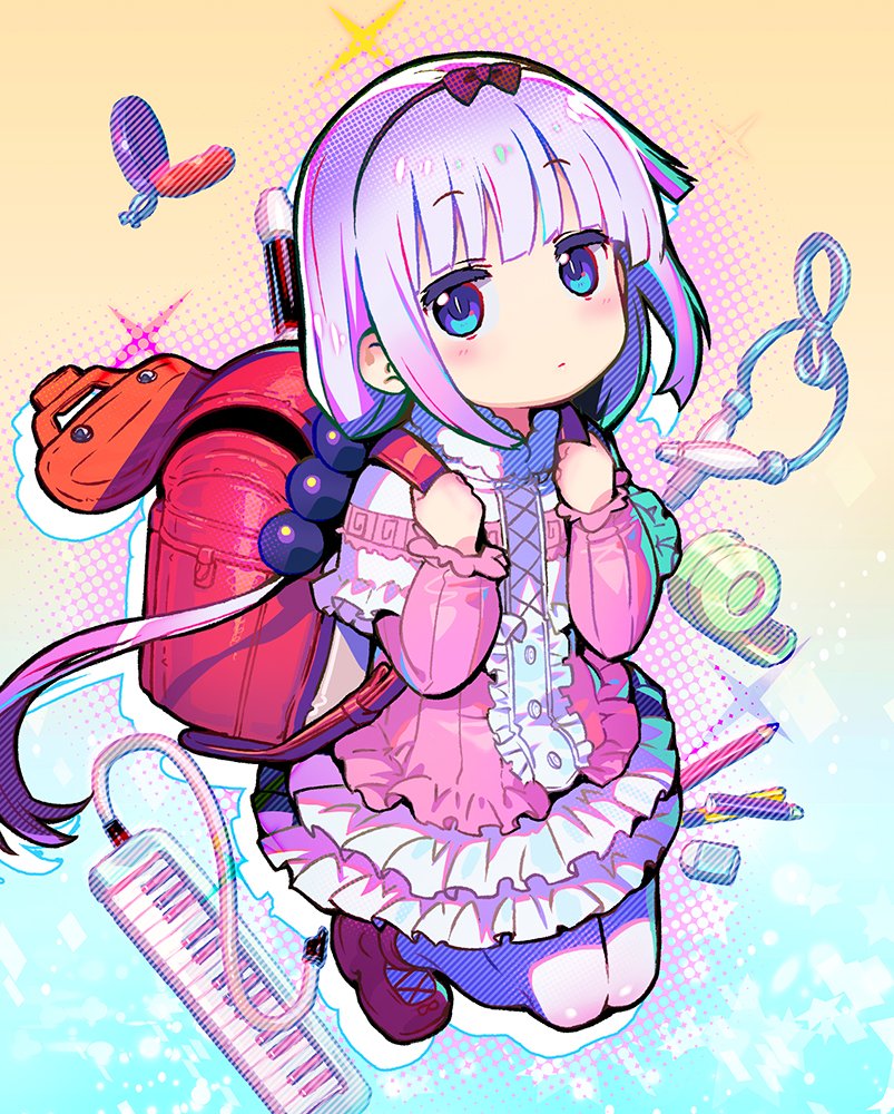 1girl bag bangs blue_background blue_eyes blunt_bangs blush bow capelet child closed_mouth commentary dress eraser expressionless eyebrows_visible_through_hair female_child frilled_capelet frilled_dress frills full_body fur-trimmed_collar hair_bobbles hair_bow hair_ornament head_tilt holding_strap instrument kanna_kamui kneeling kobayashi-san_chi_no_maidragon long_hair long_sleeves looking_at_viewer looking_to_the_side onono_imoko pencil piano pink_dress pink_footwear purple_hair school_bag solo white_legwear yellow_background