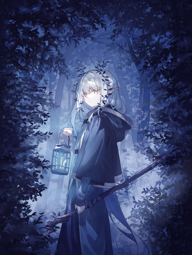 1girl crystal elf eyebrows_visible_through_hair eyes_visible_through_hair forest holding holding_lantern lantern leaf leaf_on_head long_hair looking_at_viewer nature night original pointy_ears robe rusino_mu solo staff white_hair yellow_eyes