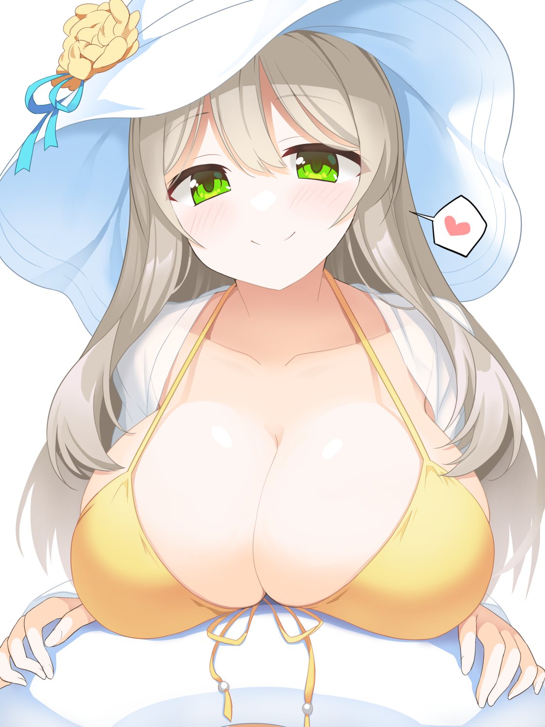 1girl alternate_costume ball bangs bikini blue_archive blush breast_rest breasts brown_hair cleavage closed_mouth collarbone eyebrows_visible_through_hair flower front-tie_bikini front-tie_top green_eyes hair_between_eyes hat hat_flower heart highres huge_breasts long_hair looking_at_viewer nonomi_(blue_archive) nonomi_(swimsuit)_(blue_archive) official_alternate_costume open_clothes ribbon shirt simple_background smile solo spoken_heart string_bikini sun_hat swimsuit swimsuit_under_clothes tatsuya_(trypaint) upper_body white_background white_headwear yellow_bikini