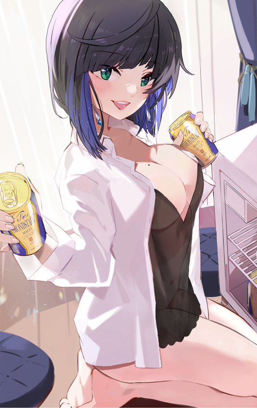 1girl :d bangs bare_legs barefoot beer_can black_hair blue_hair blush breasts can cleavage collared_shirt commentary_request covered_navel curtains dress_shirt genshin_impact green_eyes holding holding_can long_sleeves looking_at_viewer medium_breasts mole mole_on_breast multicolored_hair navel on_floor open_clothes open_shirt refrigerator see-through seiza shadowsinking shirt sitting smile solo teeth two-tone_hair upper_teeth white_shirt wooden_floor yelan_(genshin_impact)