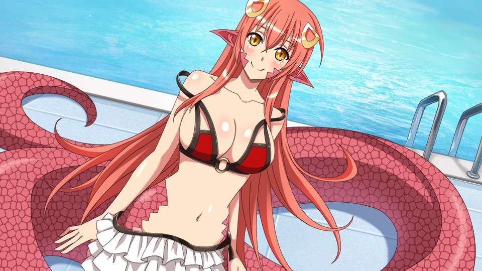 1girl artist_request bangs bare_shoulders bikini blush breasts eyebrows_visible_through_hair game_cg hair_between_eyes hair_ornament hairclip lamia large_breasts long_hair looking_at_viewer midriff miia_(monster_musume) monster_girl monster_musume_no_iru_nichijou monster_musume_no_iru_nichijou_online navel o-ring o-ring_bikini official_alternate_costume official_art pointy_ears red_hair scales skirt slit_pupils smile solo strap_slip swimsuit white_skirt yellow_eyes