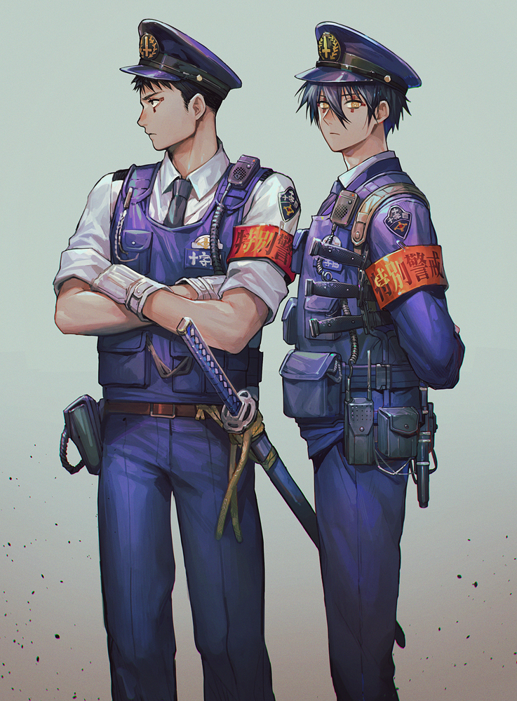2boys aiguillette alternate_costume armband arms_behind_back bangs belt belt_pouch black_hair black_necktie blue_jacket blue_pants blue_vest cable clothes_writing collared_shirt crossed_arms dagger dokuga dorohedoro facial_mark feet_out_of_frame frown gloves gradient gradient_background grey_background hair_between_eyes hat holster holstered_weapon jacket katana knife long_sleeves looking_at_viewer looking_away male_focus multiple_boys necktie panco pants peaked_cap plate_carrier pocket police police_hat police_uniform policeman pouch profile sheath sheathed shirt short_hair shoulder_holster sleeves_folded_up standing sword symbol-shaped_pupils tetsujo uniform vest walkie-talkie weapon white_gloves yellow_eyes