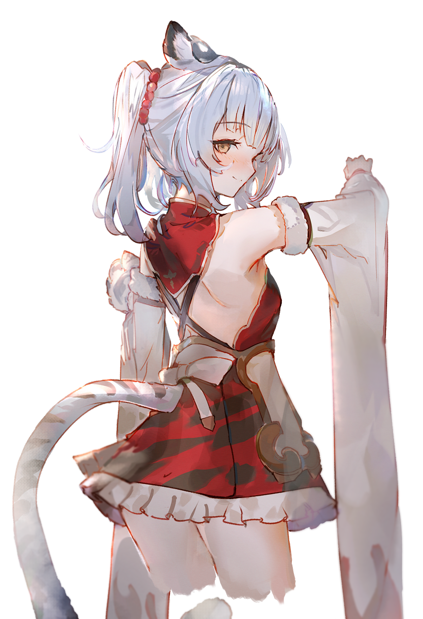 1girl animal_ear_fluff animal_ears backless_dress backless_outfit bai_(granblue_fantasy) bangs bare_shoulders blush brown_eyes cidala_(granblue_fantasy) closed_mouth commentary_request cropped_legs detached_sleeves dress frilled_dress frills from_behind fur-trimmed_sleeves fur_trim granblue_fantasy highres long_sleeves looking_at_viewer looking_back red_dress simple_background smile solo standing tail tiger_ears tiger_girl tiger_tail tota_(sizukurubiks) twintails white_background white_hair white_sleeves wide_sleeves