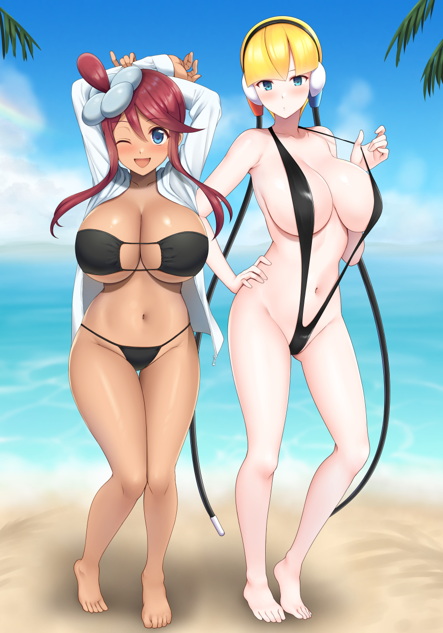 2girls ;d alternate_breast_size arms_up ass_visible_through_thighs bangs bare_shoulders barefoot beach bikini black_bikini black_swimsuit blonde_hair blue_eyes blue_sky blunt_bangs blush breasts cleavage closed_mouth clothes_pull cloud collarbone commentary_request contrapposto dark-skinned_female dark_skin day elesa_(pokemon) eyebrows_visible_through_hair eyepatch_bikini full_body groin hair_between_eyes hair_ornament hand_on_hip headphones highres huge_breasts jacket large_breasts lens_flare long_hair long_sleeves looking_at_viewer multiple_girls navel ocean one_eye_closed one_side_up open_clothes open_jacket open_mouth outdoors palm_leaf pokemon pokemon_(game) pokemon_bw rainbow red_hair shadow short_hair sidelocks sky skyla_(pokemon) slingshot_swimsuit smile standing stomach strap_pull string_bikini swept_bangs swimsuit swimsuit_pull tan thigh_gap underboob white_jacket yue_(show-ei)