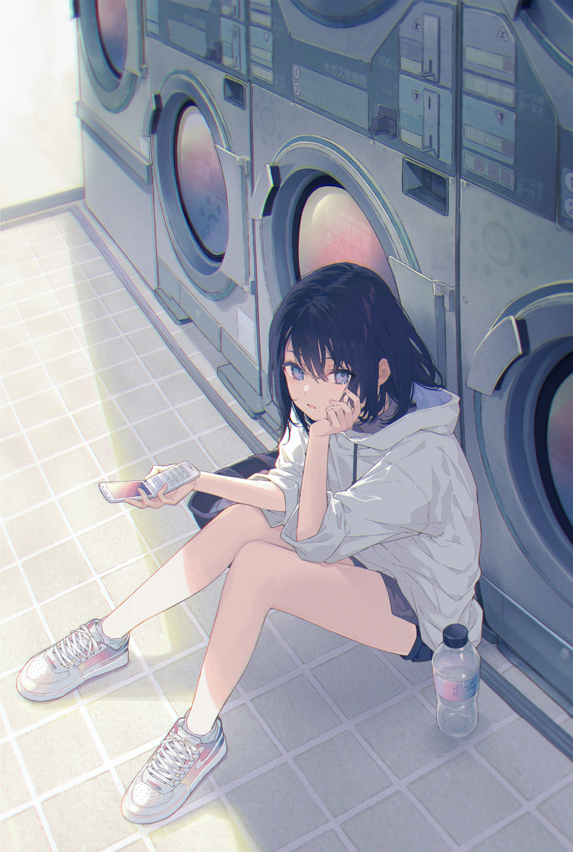 1girl black_hair blue_eyes bottle cellphone flip_phone highres hood hoodie looking_at_viewer medium_hair open_mouth original phone plastic_bottle reia shoes shorts sitting sneakers solo washing_machine