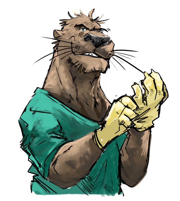 anthro brown_body brown_fur clothing doctor doctorotter fur gloves grin handwear latex_gloves lutrine male mammal mustelid scrubs simple_background smile solo unknown_artist white_background